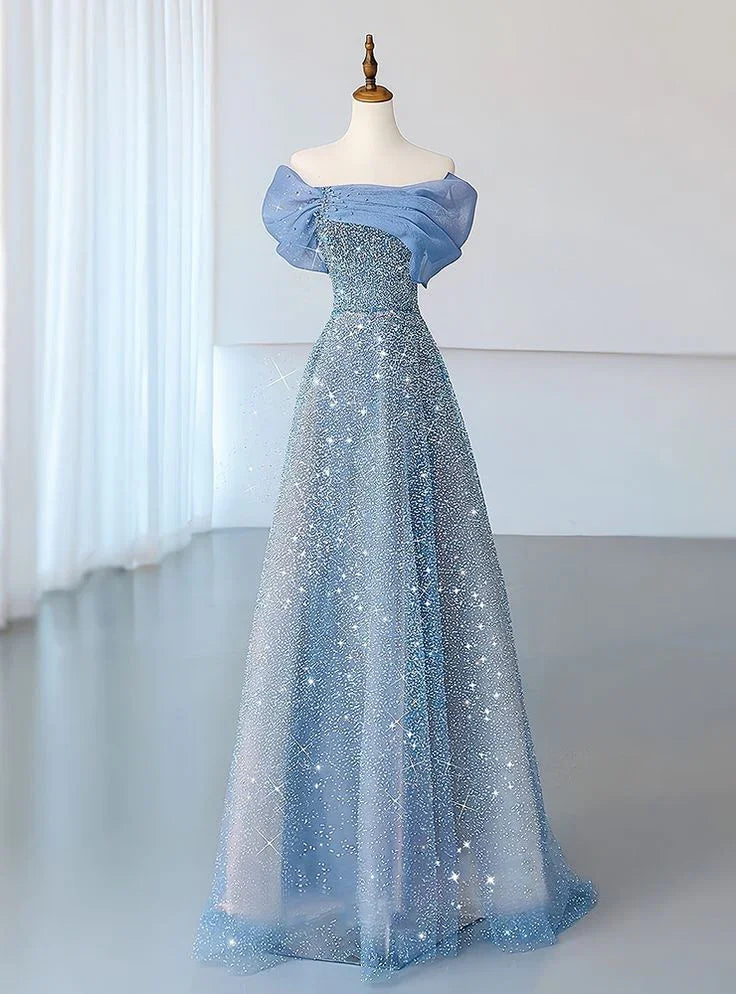 Blue Tulle Sequins Evening Dress Off The Shoulder Pleats A Line Prom Dress Y8041 by simplepromdress