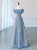 Blue Tulle Sequins Evening Dress Off The Shoulder Pleats A Line Prom Dress Y8041 by simplepromdress