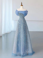 Blue Tulle Sequins Evening Dress Off The Shoulder Pleats A Line Prom Dress Y8041 by simplepromdress