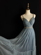 Simple Blue Tulle Beaded A Line Evening Dress Spaghetti Straps V Neck Prom Dress Y8649 by simplepromdress