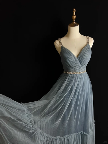 Simple Blue Tulle Beaded A Line Evening Dress Spaghetti Straps V Neck Prom Dress Y8649