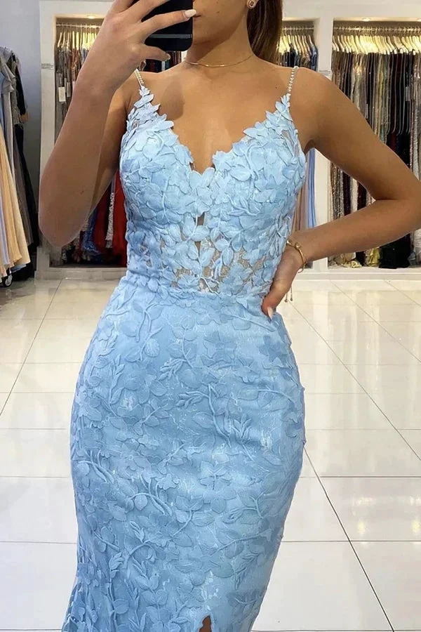 Mermaid V Neck Backless Blue Lace Long Prom Dress, Mermaid Blue Lace Formal Dress, Blue Lace Evening Dress Y1465 by simplepromdress