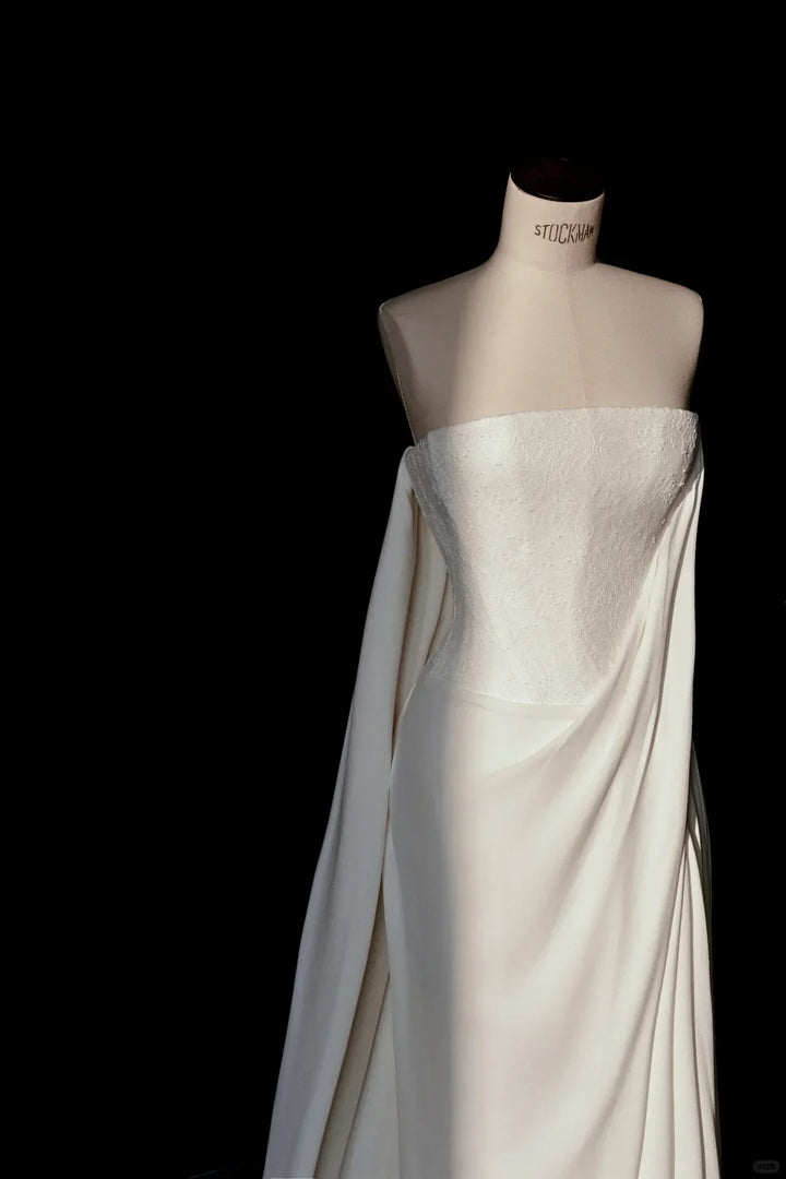 Simple Strapless Satin Lace Sheath Long Prom Dress White Evening Dress Y8689 by simplepromdress