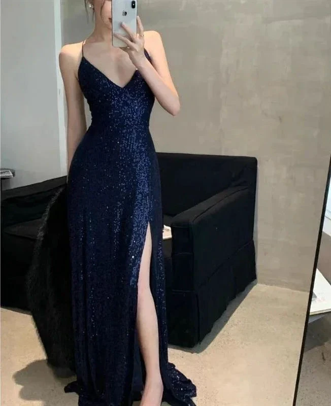 Sexy Navy Blue V Neck Slit Evening Dress Long Prom Dress Y7798 by simplepromdress