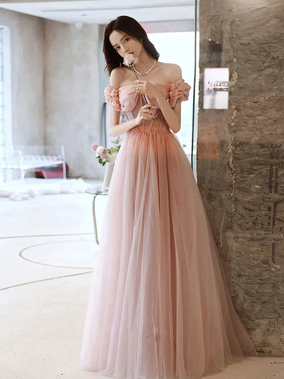 Pink Sweetheart Neck Tulle Beads Long Prom Dress, Pink Evening Dress,Y2406 by simplepromdress