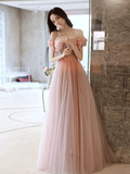 Pink Sweetheart Neck Tulle Beads Long Prom Dress, Pink Evening Dress,Y2406 by simplepromdress
