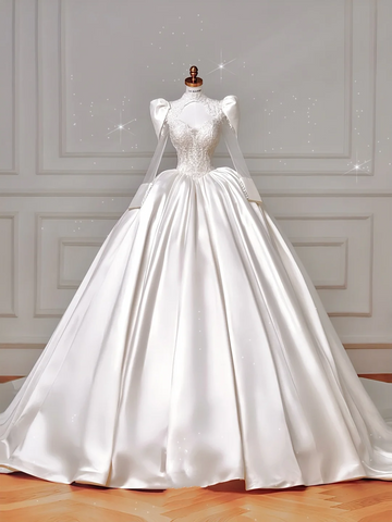 Hermoso vestido de novia de satén blanco con apliques de encaje, corte A, vestido de fiesta formal Y8607