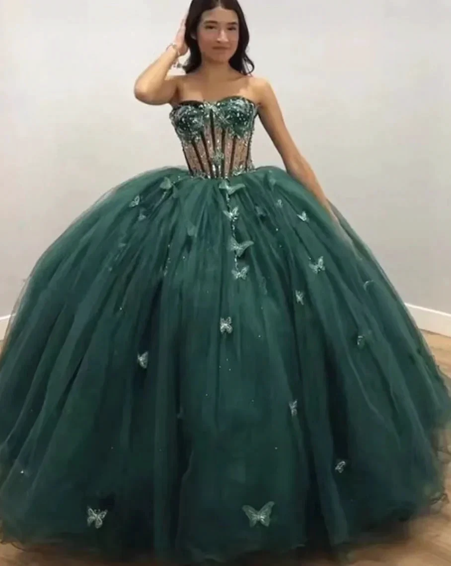 Green Tulle Ball Gown With Butterflies,Sweet 16 Dress, Green Quinceanera Dress Y2344 by simplepromdress