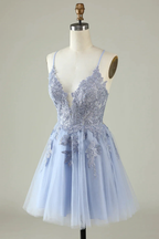 A Line Spaghetti Straps Light Purple Short Homecoming Dress with Appliques Y2671 by simplepromdress
