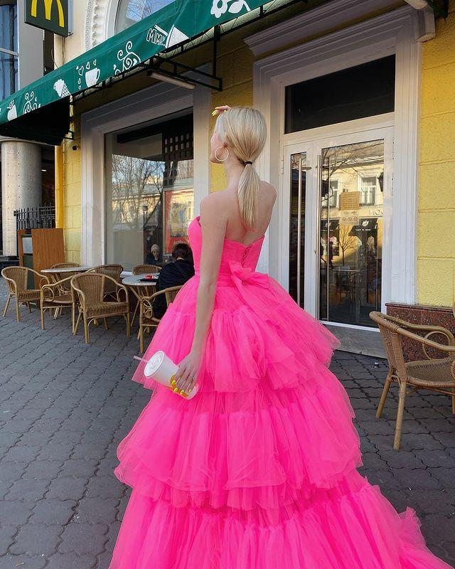 Princess A Line High Low Strapless Pink Long Prom/Evening Dress Ruffles Y76 Main Image