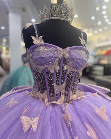 Vestido de fiesta de tul morado con mariposas, vestido de quinceañera, vestido de princesa morado Y2270