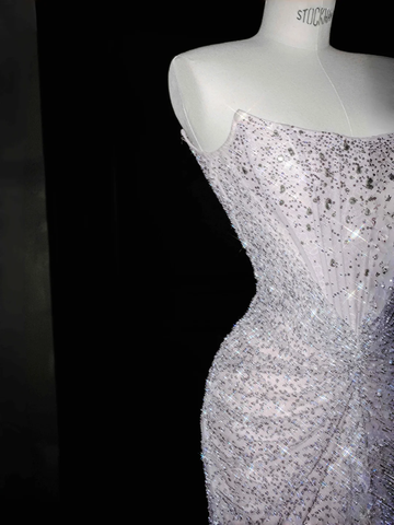 Sparkly Lilac Tulle Beaded Prom Dress Strapless Mermaid Evening Dress Y8664