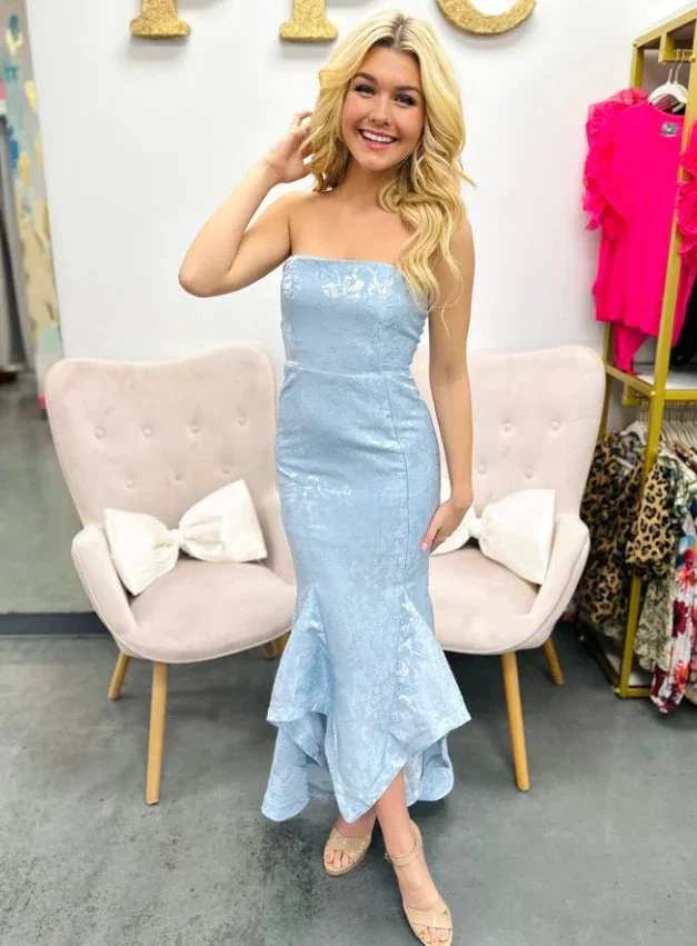 Chic Strapless Mermaid Evening Dress Blue Satin Print Prom Dress Y8234 by simplepromdress