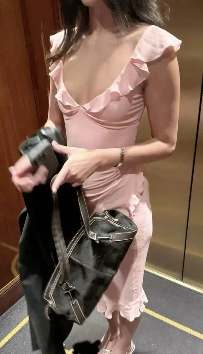 Pretty V Neck Pink Chiffon Ruffles Prom Evening Dress Y7875 by simplepromdress