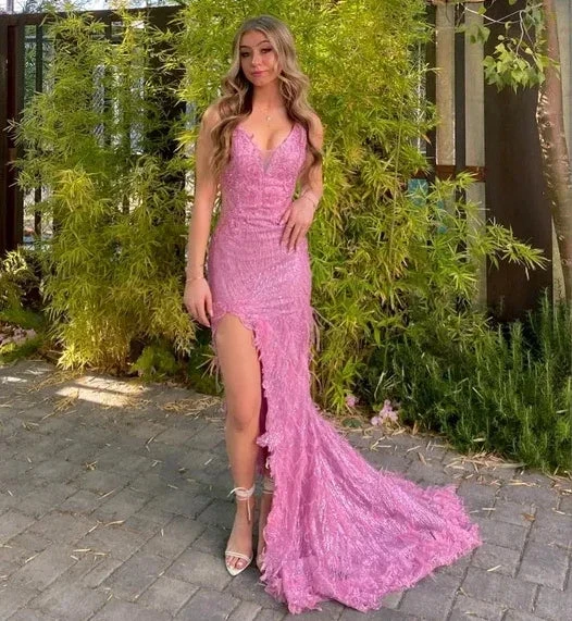 Luxurious Pink Sequins Lace Feathers Mermaid Evening Dress Slit Prom Dress Y7872 by simplepromdress