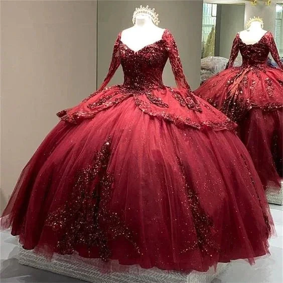 Burgundy Sparkly Quinceanera Dresses Long Sleeve Lace-up Corset Flowers Sequins Princess Sweet 15 Ball Gown Y5388 by simplepromdress