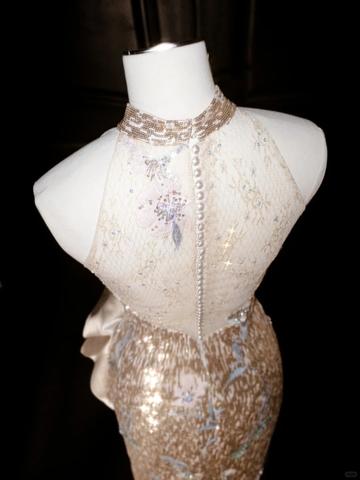 Glitter Champagne Gold Sequin Sheath Prom Dress Halter Long Evening Dress Y8653