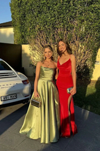 Classy Green Satin Pleated Prom Dress A Line Evening Dress Y7815 by simplepromdress