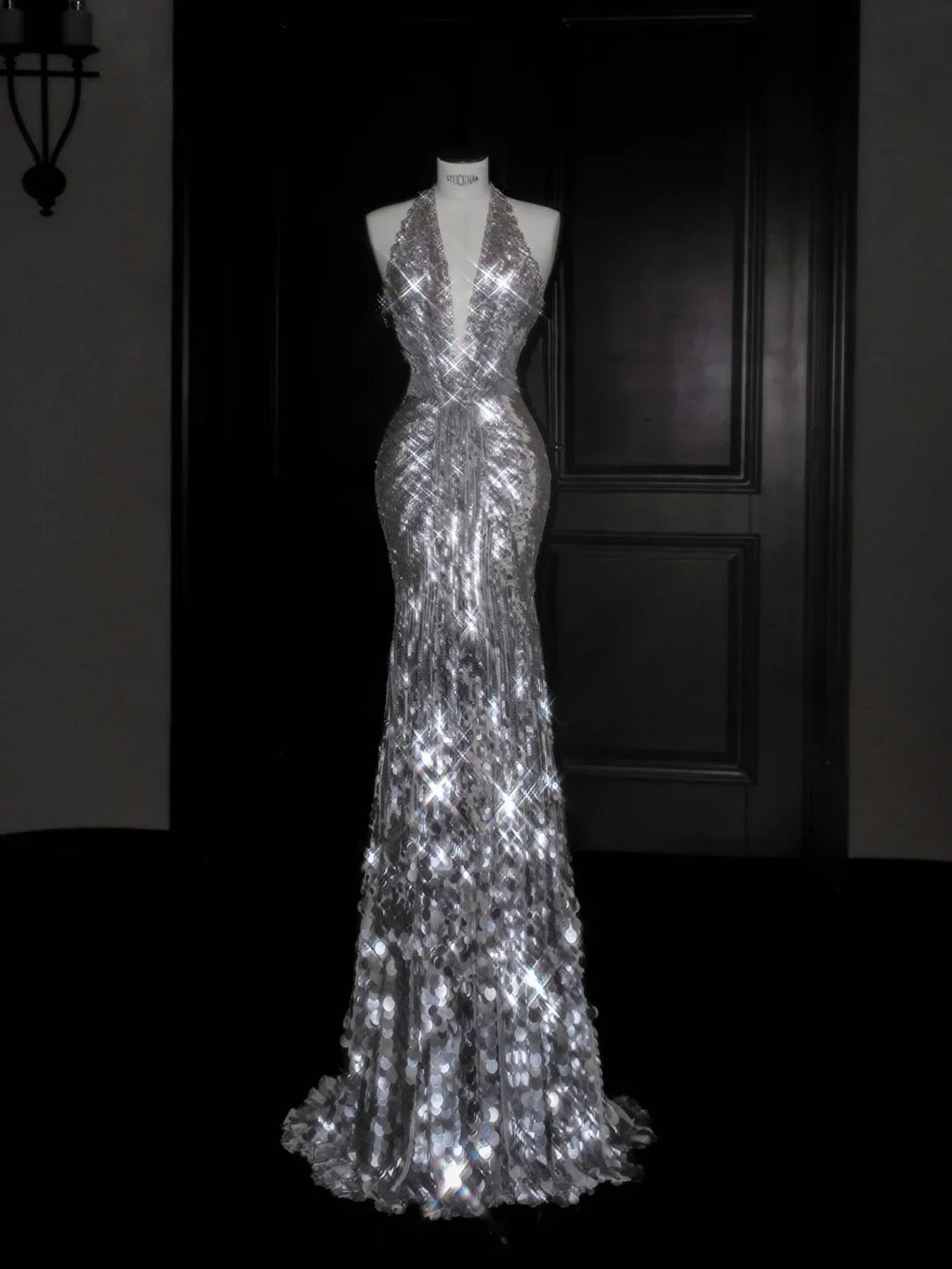 Sparkly Silver Deep V Halter Sequins Beaded Backless Evening Dress Mermaid Prom Dress Y8687 by simplepromdress