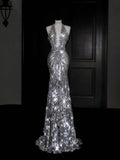 Sparkly Silver Deep V Halter Sequins Beaded Backless Evening Dress Mermaid Prom Dress Y8687 by simplepromdress