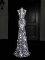 Sparkly Silver Deep V Halter Sequins Beaded Backless Evening Dress Mermaid Prom Dress Y8687 by simplepromdress