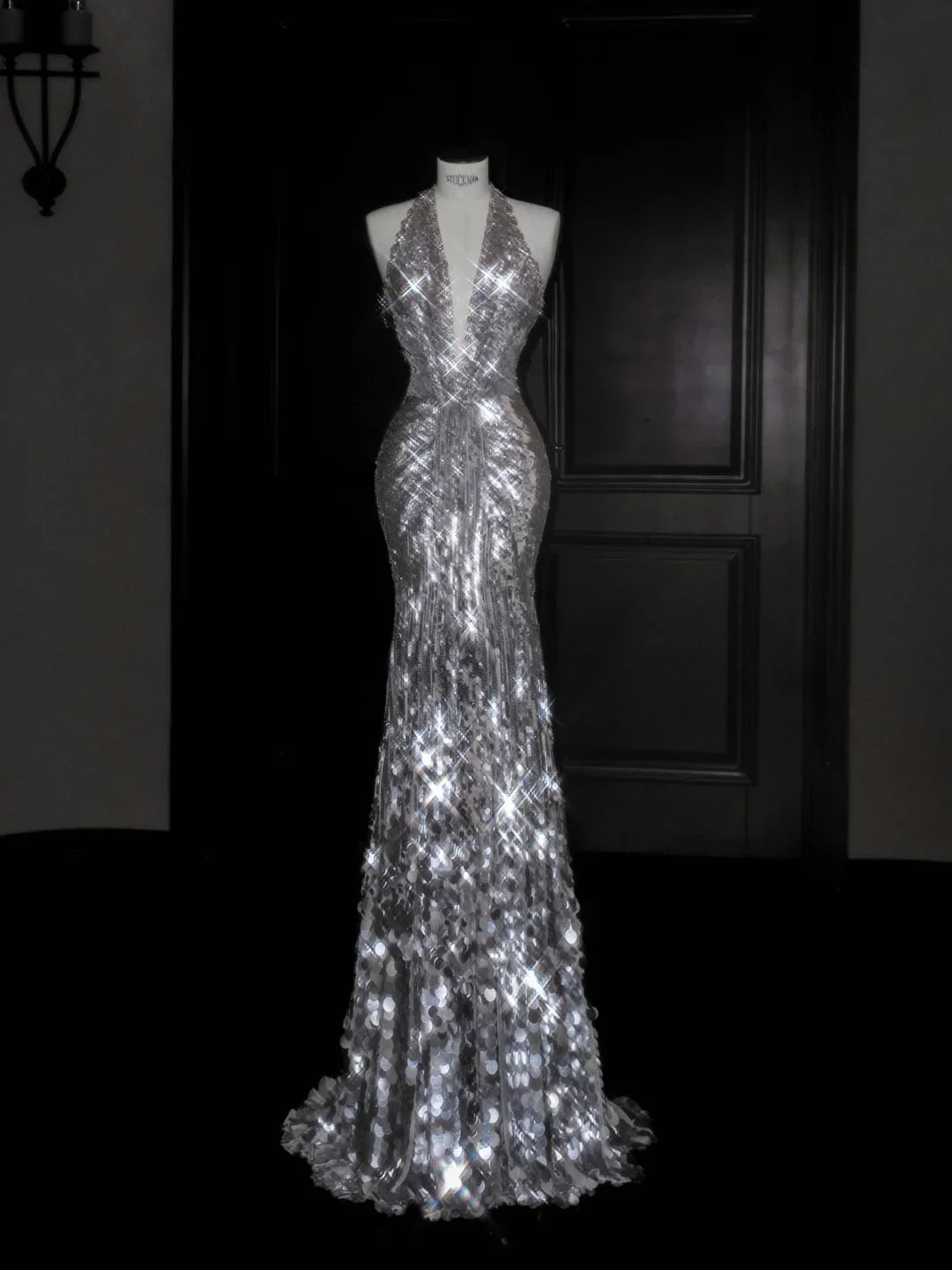 Sparkly Silver Deep V Halter Sequins Beaded Backless Evening Dress Mermaid Prom Dress Y8687 by simplepromdress