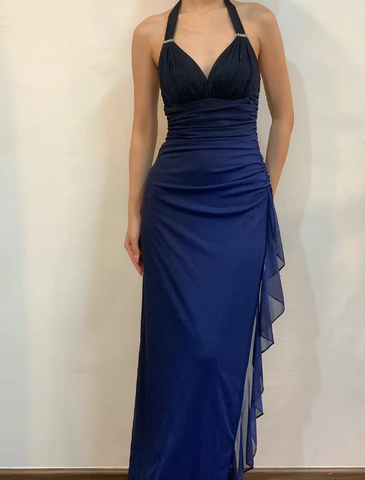 Vestido largo de gasa con escote en V y cuello halter, sexy, azul marino, degradado, para fiesta de graduación, Y7486