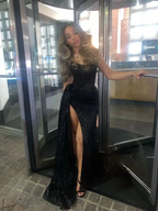 Sexy Black Lace Sequin Slit Mermaid Long Prom Dress Evening Dress Y8055 by simplepromdress