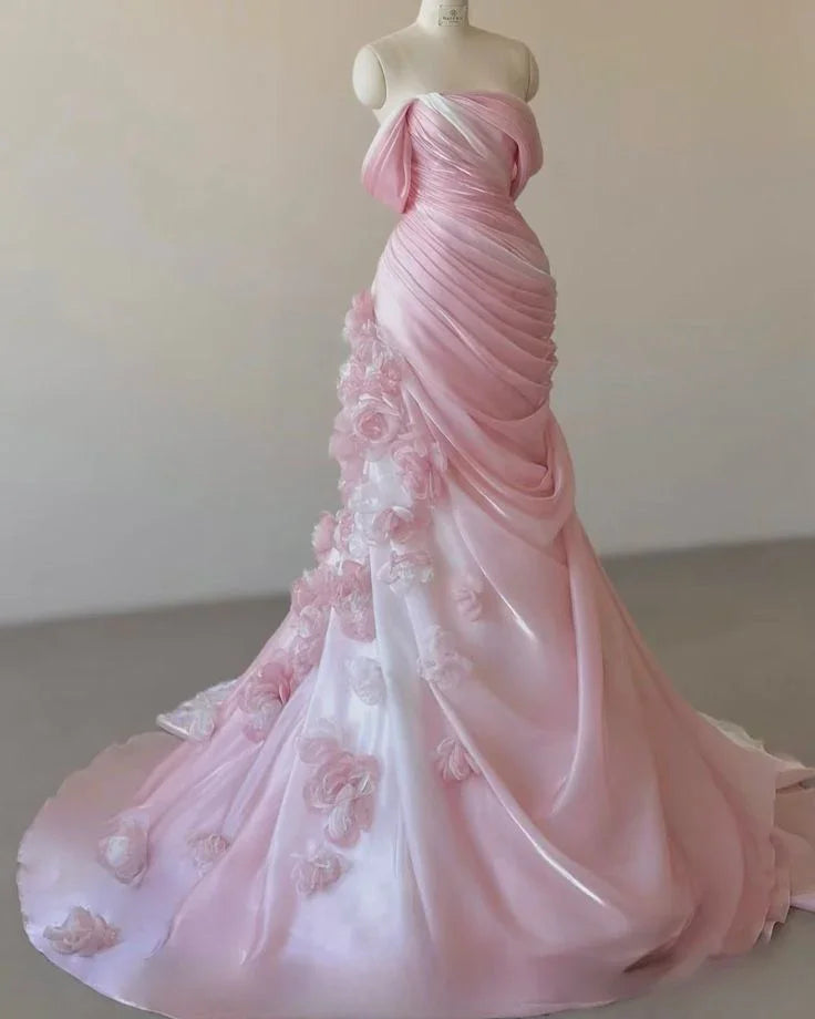 Beautiful Pink Off Shoulder Mermaid Evening Dress Prom Dress With 3D Flowers Y8291 by simplepromdress
