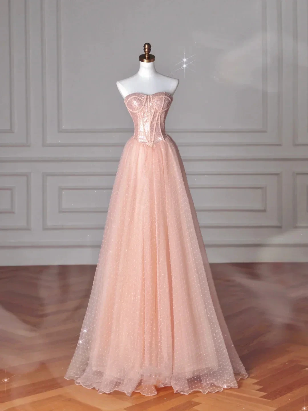 Pretty Peach Pink Strapless Sequins Tulle A Line Long Prom Dress Evening Dress Y8645 by simplepromdress