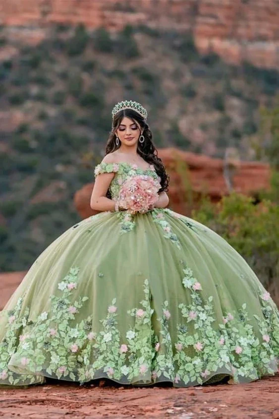 Light Sage Green Quinceanera Dresses Sweet 16 Pageant Floral Ball Gown Y2063 by simplepromdress