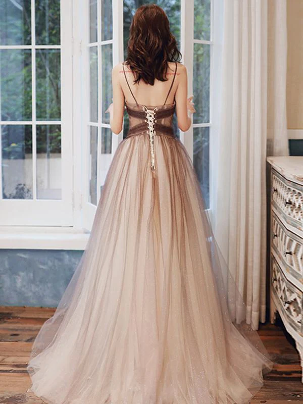V Neck Brown Ombre Long Prom Dresses, Brown Ombre Floor Length Formal Evening Dresses Y1820