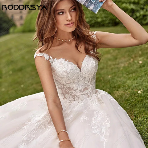 Beach Cap Sleeves Wedding Dresses Illusion Lace Buttons Back Bridal Gown Women Appliques Tulle vestidos de novia playa