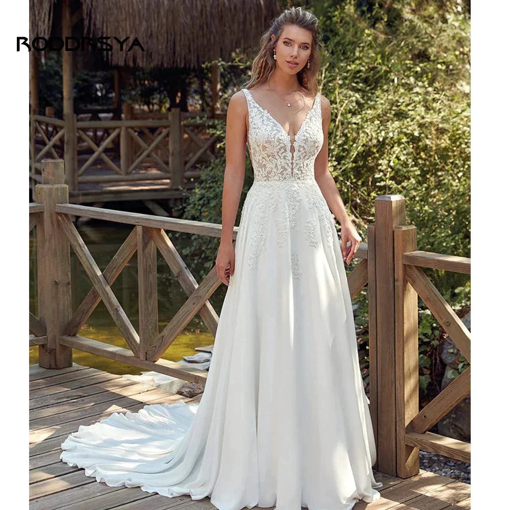 RODDRSYA Boho Wedding Dresses For Women V-Neck Appliques Backless Bridal Gown With Button Vestidos De Novia Custom Made by payinti