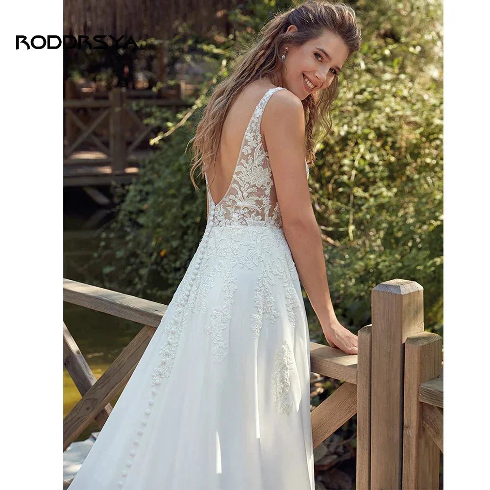 RODDRSYA Boho Wedding Dresses For Women V-Neck Appliques Backless Bridal Gown With Button Vestidos De Novia Custom Made by payinti