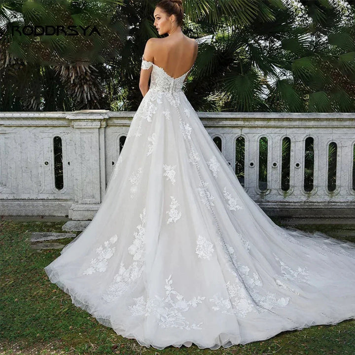 RODDRSYA Elegant A-line Lace Wedding Dresses For Women Appliques Off-Shoulder Bridal Gown Backless Sweep Train Vestidos De Noiva by payinti