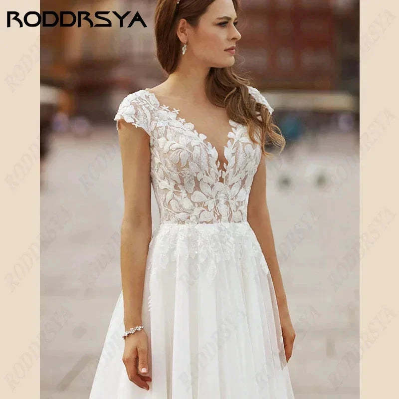 Plus Size Lace Appliques Wedding Dresses Simple Sleeveless Flowers Sweep Bride Party Tulle Beach Civil Bridal Gowns by payinti