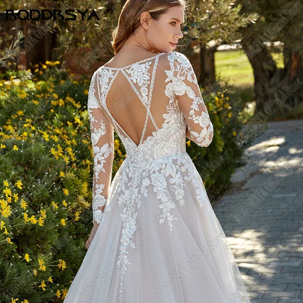 Princess Light Champagne Wedding Dresses Long Sleeves Backless A-Line Bride Gowns Applique Tulle vestidos de novia by payinti