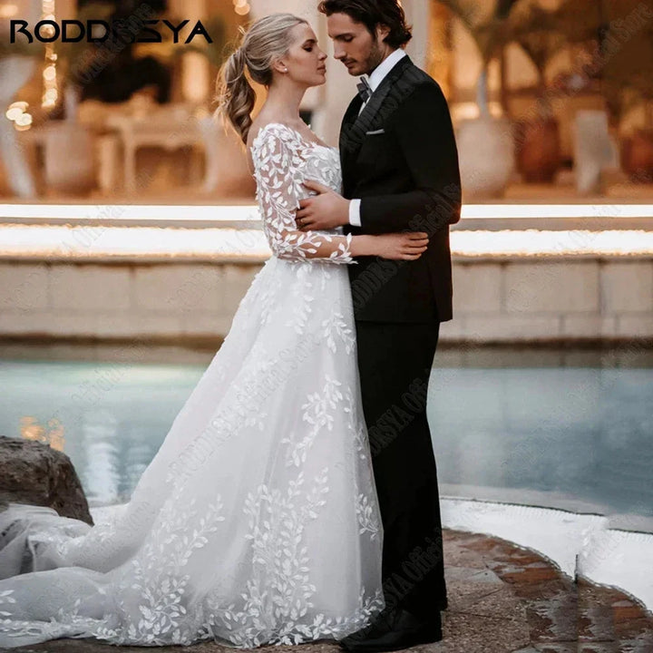 Sexy Backless Wedding Dresses New 2023 Long Sleeves Bride Gowns V-Neck A-Line Lace Applique Tulle vestidos de novia by payinti