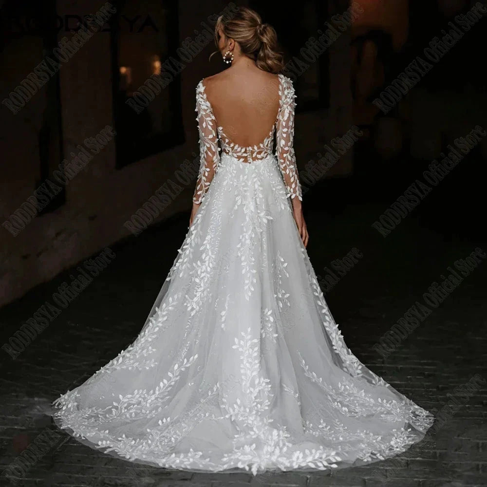 Sexy Backless Wedding Dresses New 2023 Long Sleeves Bride Gowns V-Neck A-Line Lace Applique Tulle vestidos de novia by payinti