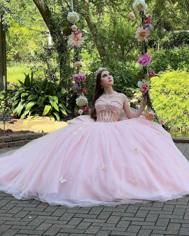 Glamoroso vestido rosa de quinceañera, vestido de fiesta rosa con mariposas, vestido princesa de tul rosa Y2336