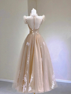 Champagne Lace Tea Length Prom Dresses A-Line Evening Dresses Y6471 by simplepromdress