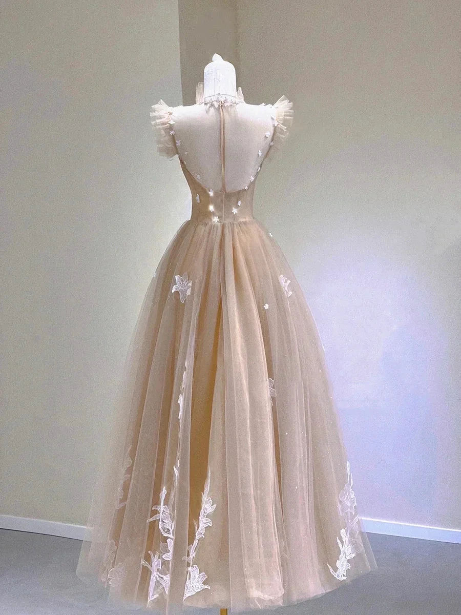 Champagne Lace Tea Length Prom Dresses A-Line Evening Dresses Y6471 by simplepromdress