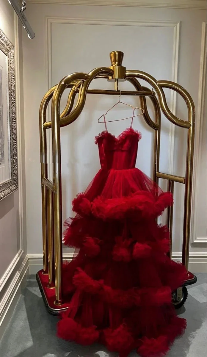 Red Ruffled Tiered Tulle Maxi Ball Gown Sweetheart Spaghetti Straps Ruffled A-Line Arabian Evening Gown Y4686 by simplepromdress