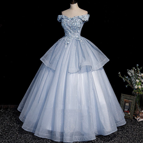 Vestido largo de fiesta con encaje de tul azul Y4208