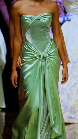 Vestido de fiesta elegante de satén y terciopelo verde, sin tirantes, Y7725