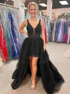 V Neck Backless High Low Beaded Black Lace Long Prom Dresses, Backless Black Formal Dresses, Black Lace Evening Dresses Y1769 by simplepromdress