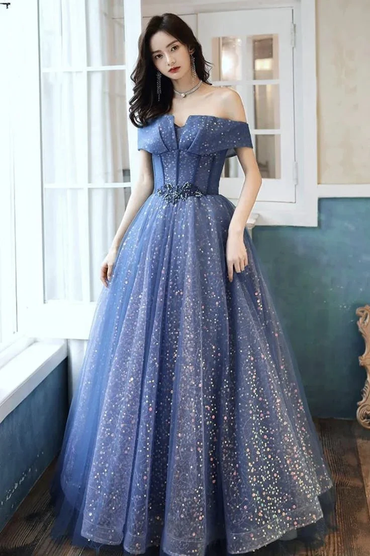Blue Tulle Sequins Long Ball Gown Dress Formal Dress Y4907 by simplepromdress