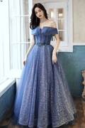 Blue Tulle Sequins Long Ball Gown Dress Formal Dress Y4907 by simplepromdress