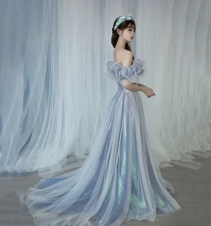 Romantic tulle long A line prom dress blue evening gown Y6572 by simplepromdress